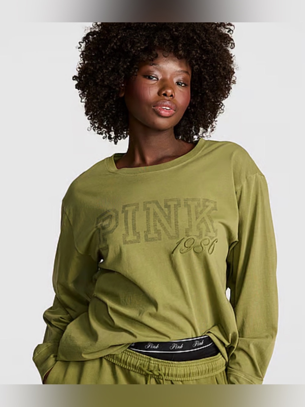 PINK Victoria's Secret Olive Green 1988 Long-Sleeve Graphic Top